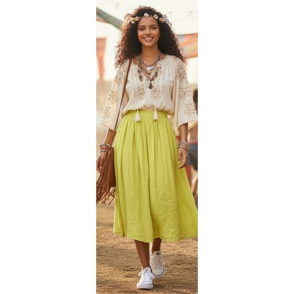 Lulus Midi Skirt Chartreuse Flowy Pleated Crinkle Size S